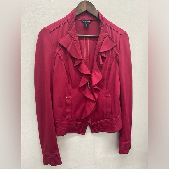 (B1) WHBM Red Pink Ruffle Cardinal Ponte Office Day Lifestyle Moto Jacket 6 - Picture 3 of 9